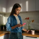a young woman standing in her kitchen searching on her phone